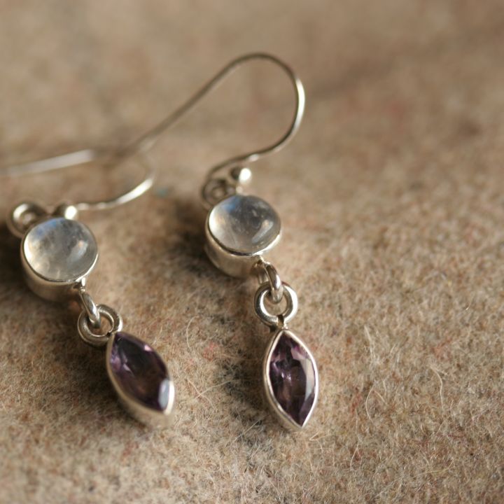 Moonstone and Amethyst Silver Earrings - Mixed Silver Jewelry