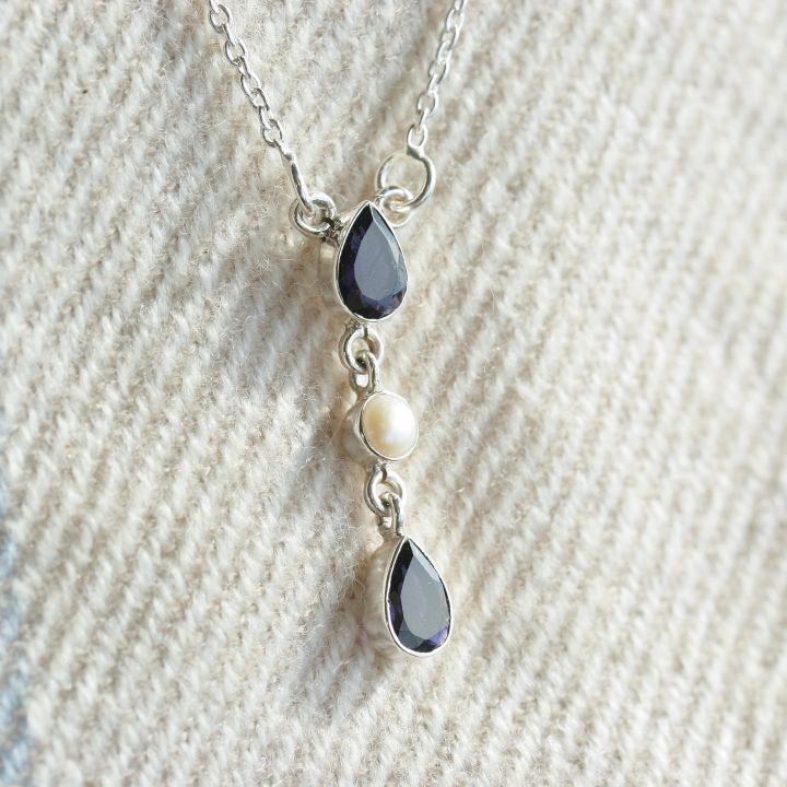 Iolite and Pearl Necklace. Silver Pearl Jewellery