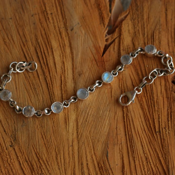 Round Moonstone Silver Bracelet - Moon Silver Bracelet