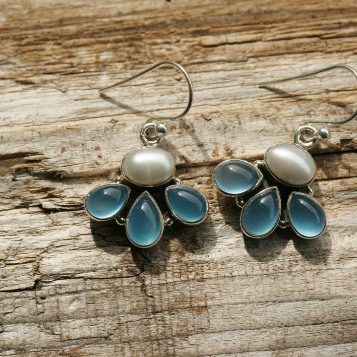 Pearl with Chalcedony Earrings - Silver Gemstone Earrings