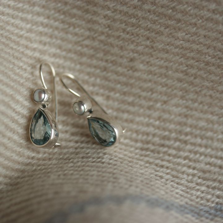 Blue Topaz and Pearl Earrings - Silver Earrings