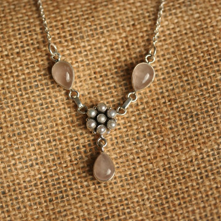 Rose Quartz and Pearl Necklace - Silver Quartz Necklace