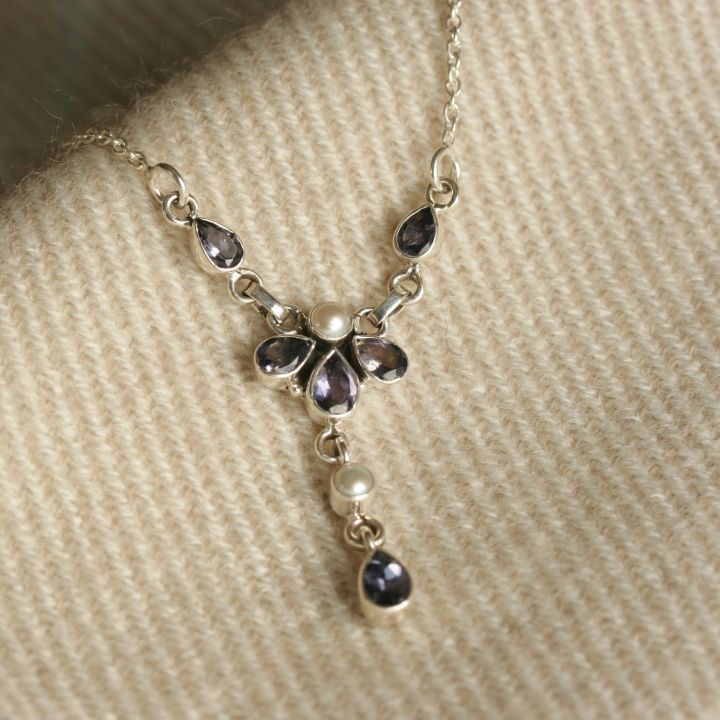 Iolite and Pearl Necklace - Silver Necklace