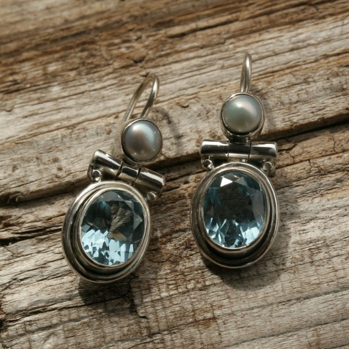Pearl and Blue Topaz Earring - Silver Gemstone Earrings