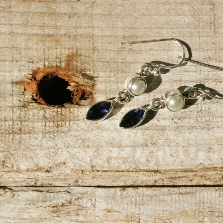 Pearl and Iolite Earrings - Silver Gemstone Earrings