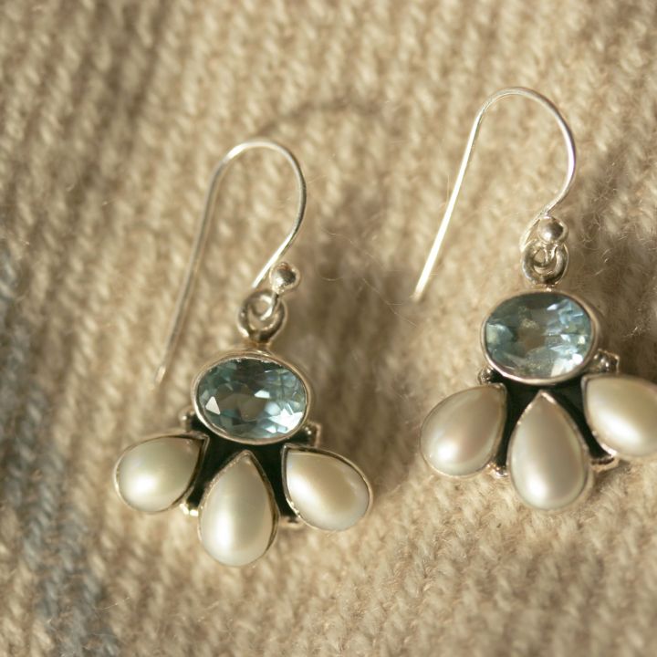 Blue Topaz and Pearl Earrings - Blue Topaz Silver Earrings