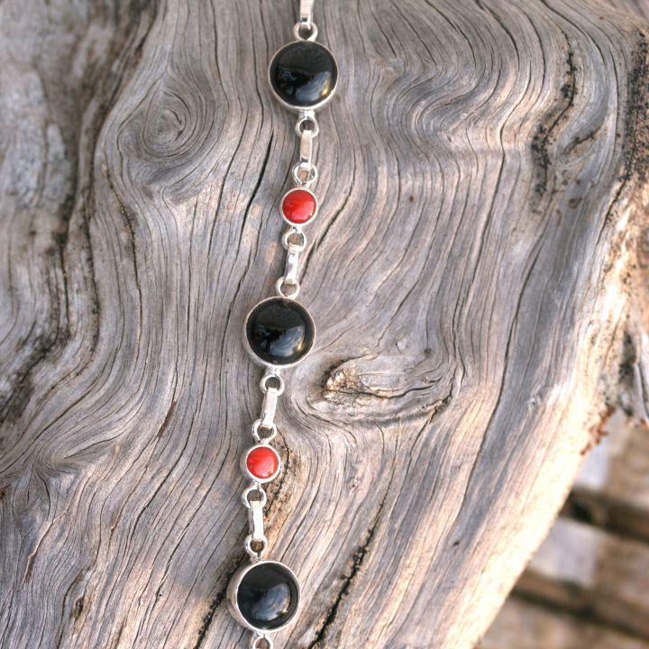 Onyx and Coral Silver Bracelet