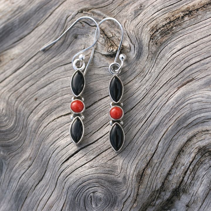 Onyx and Coral Silver Earrings